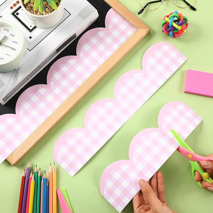 Zonon 65ft Pink Gingham Bulletin Board Border Pastel Scalloped Bulletin Board Trim Back to School Classrooms Decoration for Party Whiteboard, Walls, Desks, Windows, Doors, Lockers