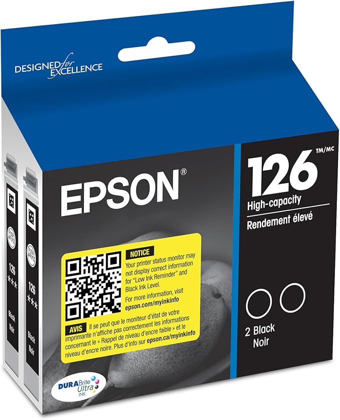 EPSON 126 DURABrite Ultra Ink Black Dual Cartridge For WF-3520, 3530, 3540, 520, 545, 630, 633, 635, 645, 7010, 7510, 7520, 840, 845 and other select models