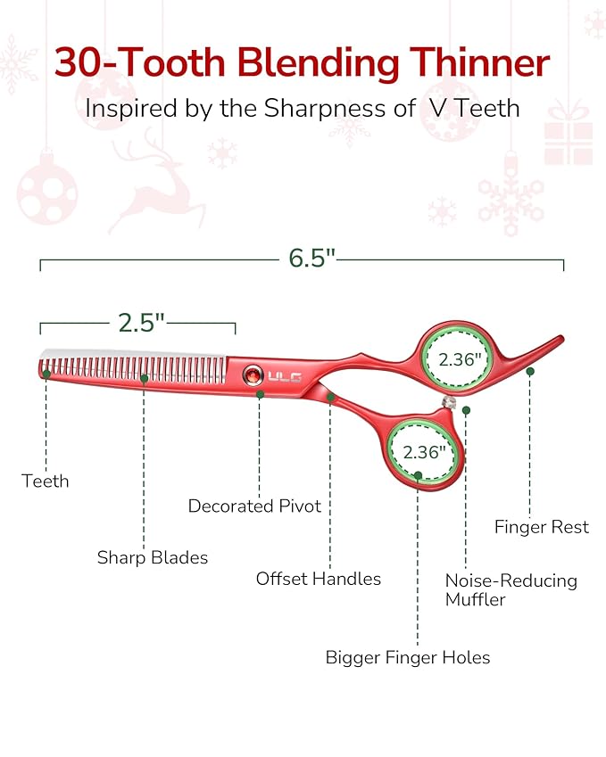 ULG 6.5" Hair Thinning Scissors, Japanese Stainless Steel, Professional Texturizing Shears, Barber’s 30-Tooth Blending Thinner for Stylist & Home Use, Gifts for Women Men Family Red