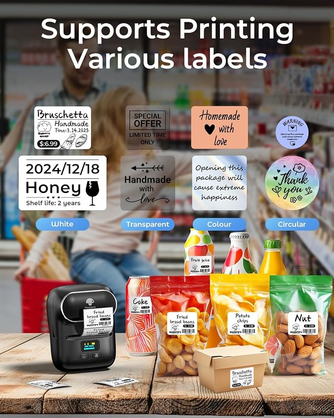 Phomemo M110 Label Printer - Label Maker Machine with 3 Roll Paper | Mini Portable Barcode Label Printer for Small Business, Retail, Address, Barcode, Home, for PC/Mac, iOS/Android- Ebony Black