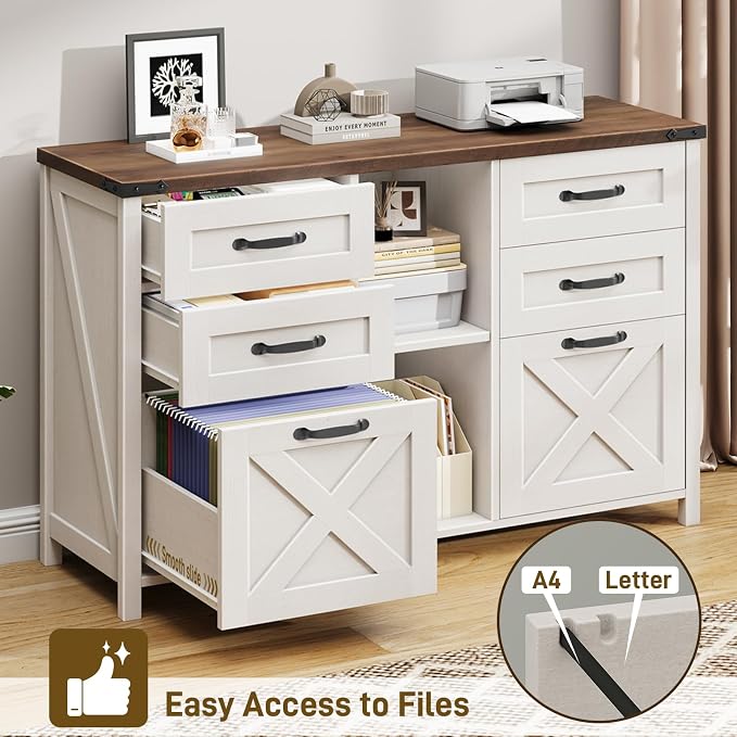 Farmhouse Lateral Filing Cabinet, Lateral File Cabinet with 6 Drawers and Adjustable Shelf, Large Printer Stand with 2 File Drawers for Letter/A4 Size Hanging Files for Home Office, Rustic White