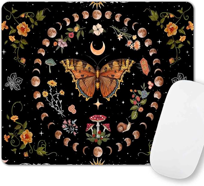 Moth Mouse Pad, Mushroom Moon Phase Mousepad, Boho Flowers and Leaves Computer Small Cute Mouse Pad, Washable Cloth Non-Slip Rubber Base Mouse Mat for Office, Orange and Black
