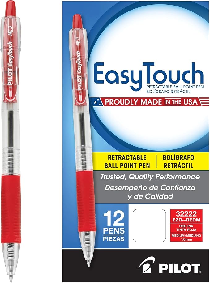 Pilot Easytouch Ballpoint Pen, Retractable, Medium 1 Mm, Red Ink, Clear Barrel, Dozen