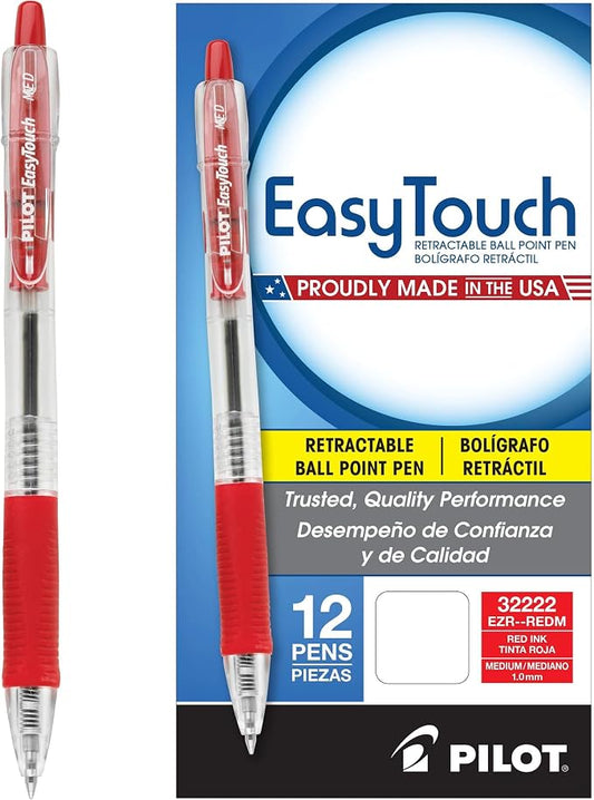 Pilot Easytouch Ballpoint Pen, Retractable, Medium 1 Mm, Red Ink, Clear Barrel, Dozen