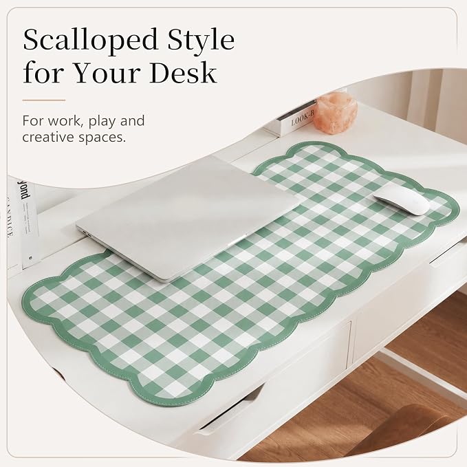 Ohocut Scalloped Gingham Checkered Desk Pad，Green：31.5" x 15.7" | Large, Premium Faux Leather, Anti-slip Bottom, Water Repellent, Easy to Clean, Aesthetic Trendy Design