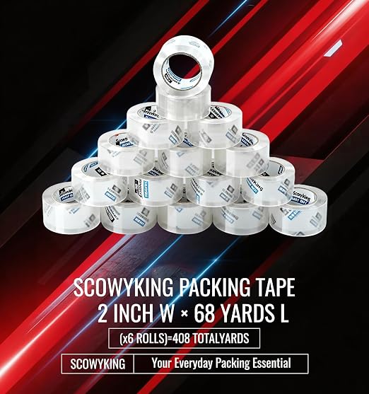 Clear Packing Tape Refills Heavy Duty,6 Pack,2.7 Mil,2"×68 Yd | Total 408 Yards,Compatible with Standard Tape Dispenser,Quiet Unwind,Easy Start,for Shipping Packaging Moving Sealing,Bulk