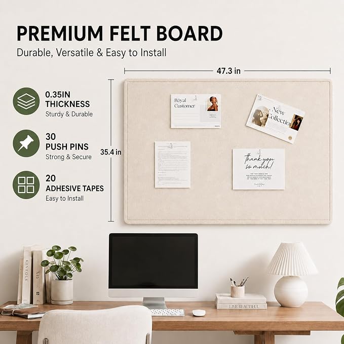 Felt Bulletin Board for Wall 48" x 36" Unfolded Size, Large Frameless Felt Pin Board, Soft Cork Board Alternative for Office, Home Planning, Notes, Photos & Wall Decor, Foldable Shipping, Easy Install