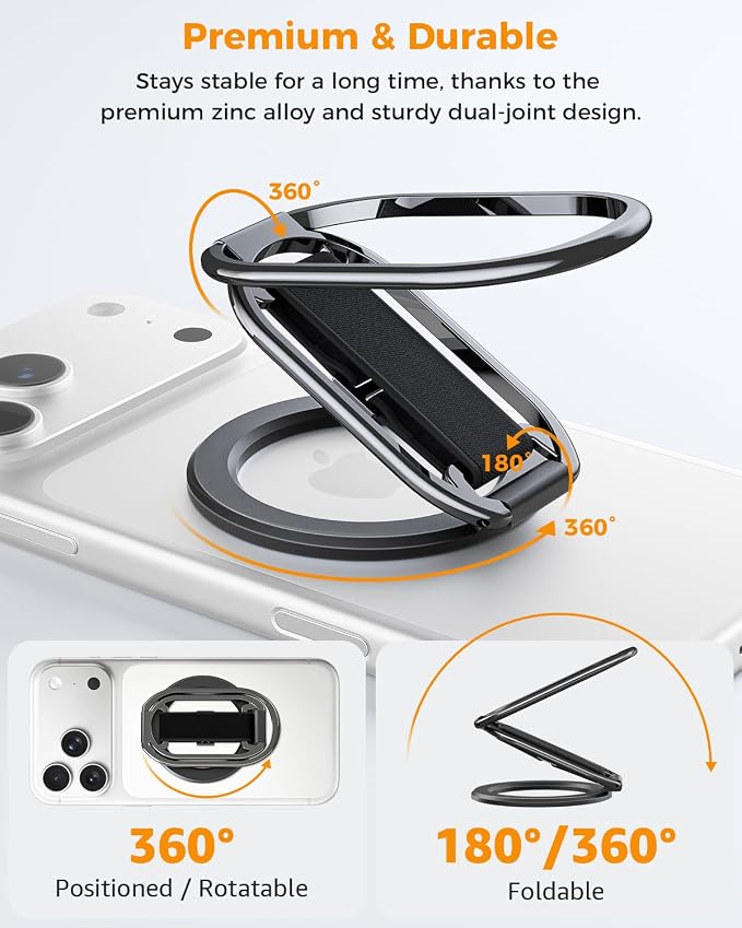 SUPERONE for MagSafe Phone Grip Kickstand, Magnetic Phone Ring Holder | 4-in-1 for MagSafe Phone Ring Stand with Finger-Loop Strap, Mag Safe Accessories Compatible with iPhone 17-12 series - Black