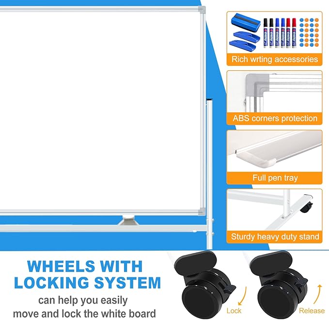 Large Double-Sided Magnetic Mobile Whiteboard 96" x 48", Rolling Whiteboard on Wheels, 8' x 4' Dry Erase Board with Stand for Office, Classroom & Home, 3 Eraser, 6 Markers, 24 Magnets