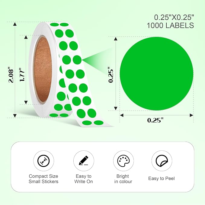 1/4 Inch Dot Stickers, Small Round Sticker, 1000 Dot Label Stickers | 0.25 Inch Green Dot Stickers, Circle Sticker Labels, Sticker Dots for Office and Marking, Small Round Stickers for Labeling