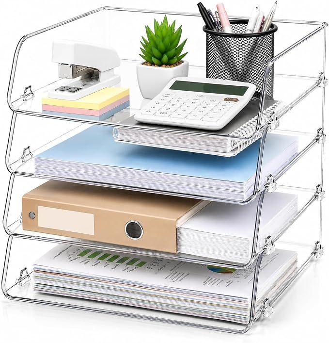 Clear Acrylic Paper Tray, 4 Tier Paper Organizer for Desk | Clear 4-tier organizer for files, folders & documents. Keeps desks tidy with easy-access vertical storage for office or home.