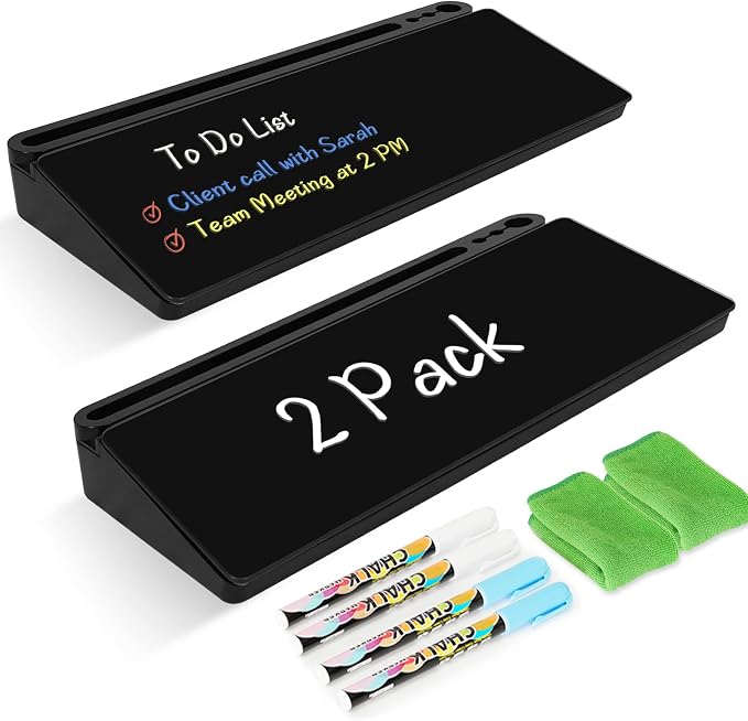 2 Pack Desktop Glass Whiteboard with Storage, Desk White Board Stand Black | Computer Keyboard Stand, Office Desk Organizers and Accessories with Drawer, To Do Memo Notepad, Home School Supplies
