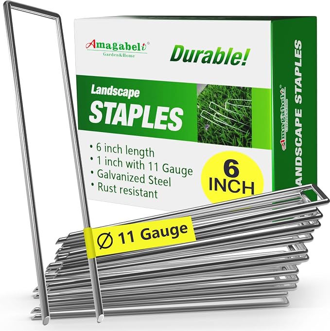 AMAGABELI 6 Inch 100 Pack Galvanized Landscape Staples 11 Gauge Anti-Rust Heavy Duty Garden Stakes Plant Cover Spikes U-Shaped Sod Pins Fence Stakes for Weed Barrier,Irrigation Tubing,Lawns,Decoration