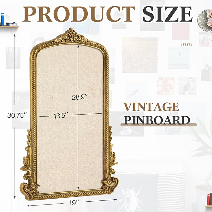 Vintage Framed Pin Board Linen Display Bulletin Board Large Ornate Fabric Picture Photo Pinboard Memo Decorative Prayer Pinboard Ornate for Wall Gift(Arch,19" X 31",Gold)