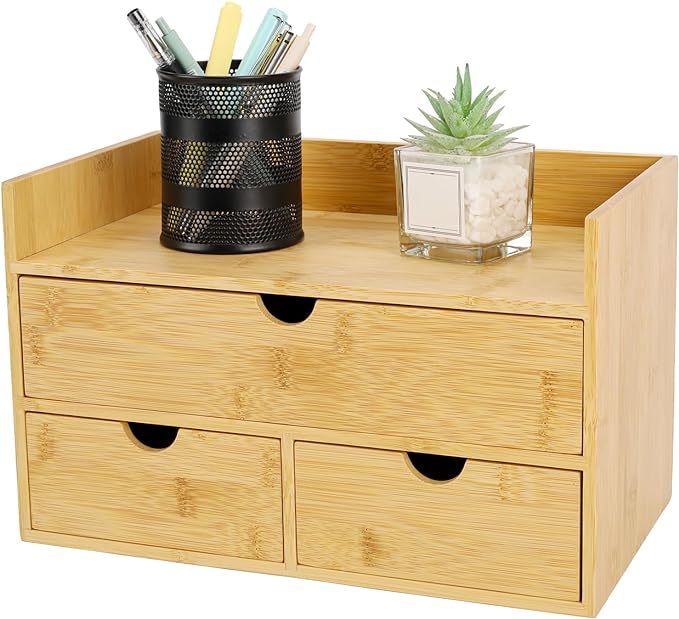 Bamboo Desk Organizer With Drawers Countertop Drawers Counter Storage Box Corner Desk Organizer for Home Office No Assembly Required (3 Drawers with shelf)