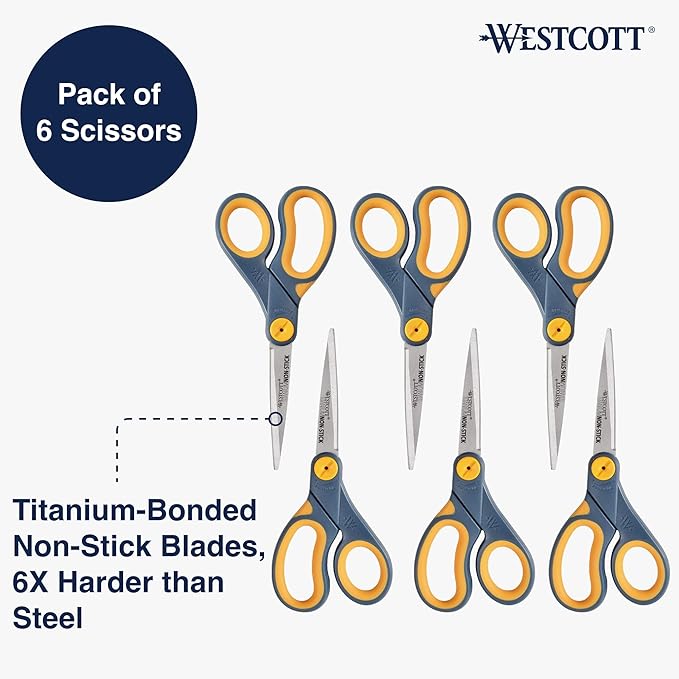 Westcott 8-Inch Non-Stick Titanium Scissors For Office and Home - Glide Adjust Technology - Grey/Yellow Craft, Fabric Scissors - 6 Pack