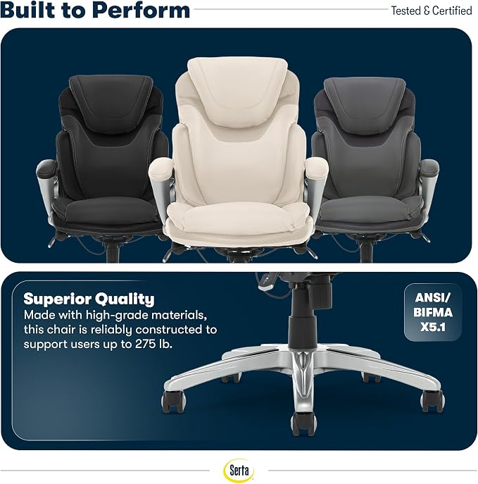 Serta Bryce Executive Office Chair - Ergonomic Computer DeskChair with Lumbar Technology - Adjustable Height - Memory Foam Body Pillows - 360° Swivel Rolling Base - Bonded Leather - Cream
