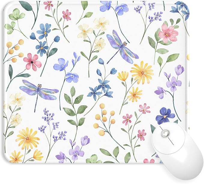 Mouse Pad with Stitched Edge, Multiple Patterns Computer Mouse Pads with Non-Slip Rubber Base, Washable Cloth Mousepad, for Gaming, Laptop, PC (Dragonfly Meadow)