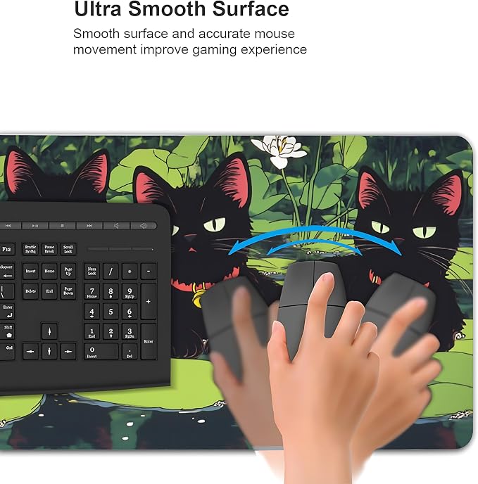 Cute Anime Black Cat Gaming Mouse Pad, Forest Green Anime Desk Mat with Anti-Slip Base & Stitched Edges, Office & Home Desk Decor for Women, 35.4" x 15.7" in Computer Desktop Mat