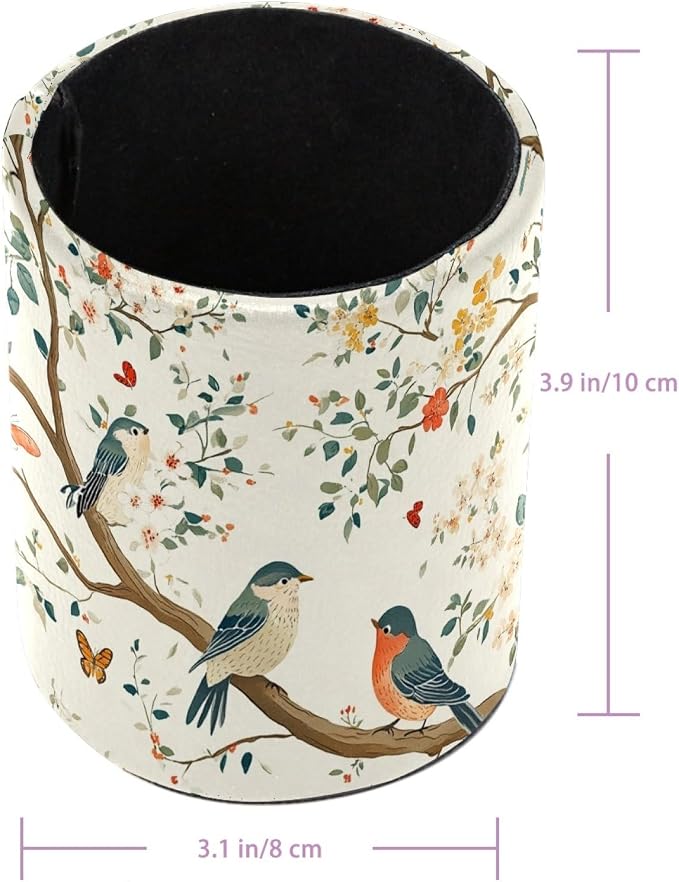 Leather Pen Holder for Desk, Birds Branches Butterflies Pencil Cup Pen Organizer Makeup Brush Holder for Office Home Kids Countertop Desk Accessory Storage