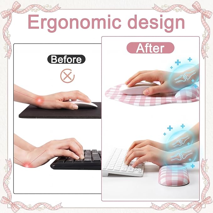 Pink Gingham Desk Mat Set with Wrist Rest, Ergonomic Design, Scalloped Edge Keyboard Mouse Pad Set Large 35.4x15.7 Inch, Memory Foam Wrist Support, Non-Slip Desk Pad Home Office Decor