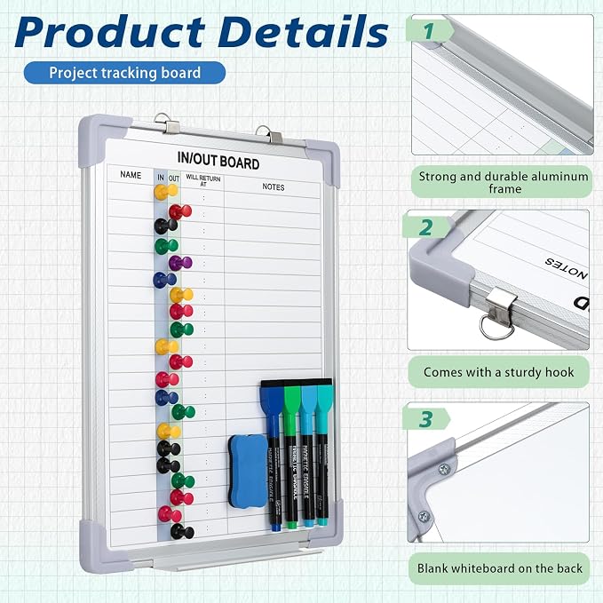 in and Out Magnetic Dry-Erase Board Aluminum Framed White Board with Lines Names with Magnetic Dry-Erase Marker, Eraser, and Magnets Wall-Mounted for Office Employee (16" X 12",Colored Styles)