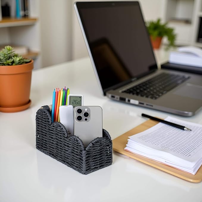CubesLand Bedside Table Desk Organizer Caddy, Remote Pen&Pencil Holder Cup | Makeup Brush Holder w/Scalloped Perfect for Home, Office Desk, Living Room Table Decor, 3 Slots Black