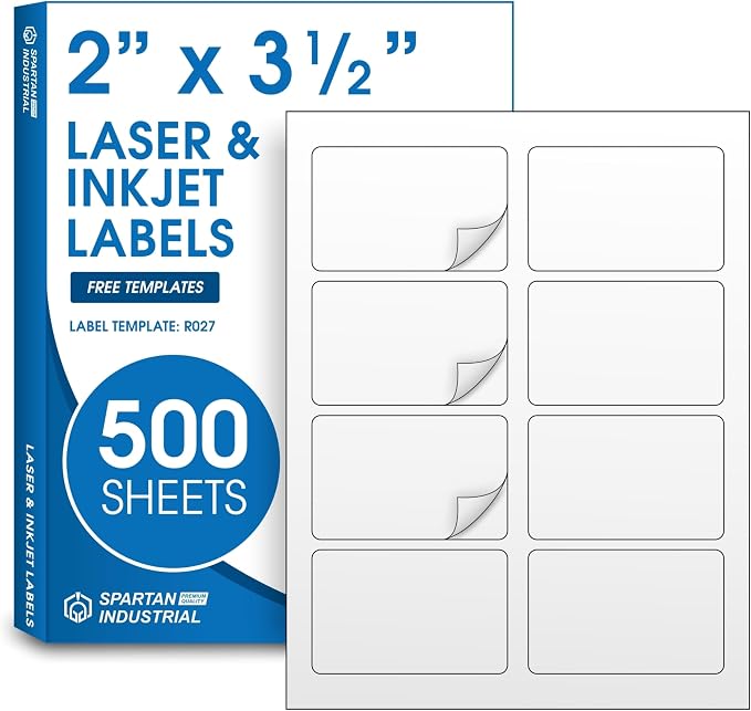 2" X 3.5" Matte White Printable Labels for Inkjet and Laser Printers | 500 Sheets, 4000 Total Custom Stickers for Shipping Labels, Product Labeling, Addresses - Spartan Industrial Template R027