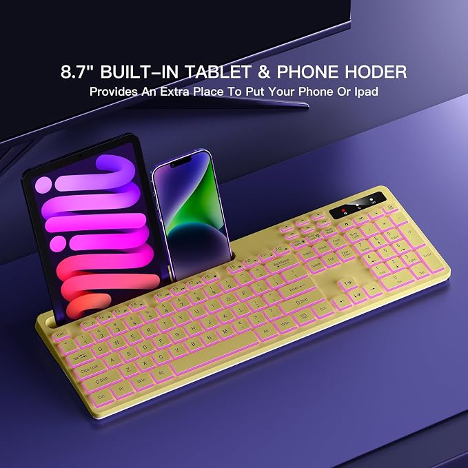 Soueto Wireless Keyboard with 7-Color RGB Backlit, Full-Size Computer Keyboard with Phone Tablet Holder, 2.4G Rechargeable Gaming Keyboard with Light Up Keys, Compatible with Mac, Windows (Yellow)