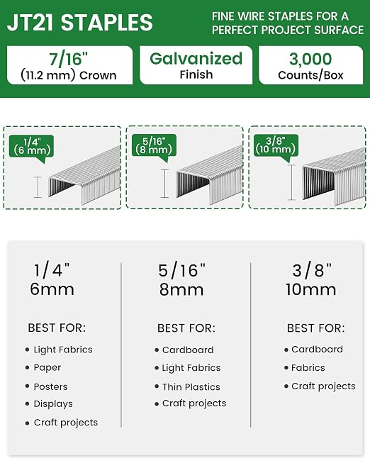 meite JT21 Staples, Assorted 3 Sizes (1/4", 5/16", 3/8") Fine Wire Staples for Staple Gun - Galvanized 7/16" Crown JT21 Staple Refill, Ideal for Upholstery, Crafts, Furniture, 2,400 Counts