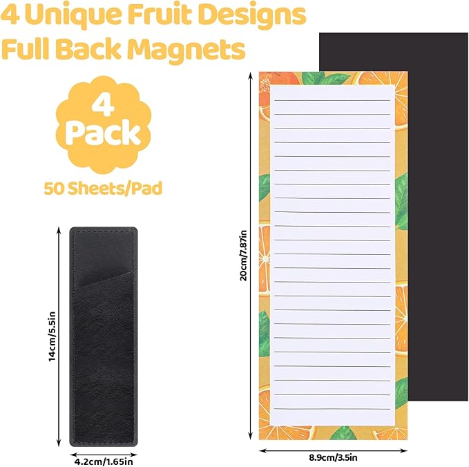 4 Pack Magnetic Note Pad for Fridge with Pen Holder, Totally 200 Sheets Grocery List Magnet Pad for Refrigerator Magnetic Shopping List Pad（Fruit Design）