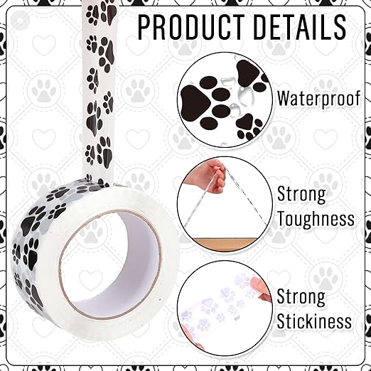 Whaline 109 Yard Dog Paw Packing Tape Waterproof Shipping Tape White Black Pet Paw Gift Wrapping Tapes for Small Business DIY Crafts Box Carton Decor