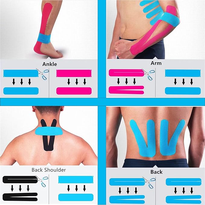 Kinesiology Tape Pro Athletic Sports (3 Rolls,60 Precut Strips) Waterproof Breathable Latex Free Tape for Ankle Wrists Knees Elastic Running Tennis Swimming Football Sports Activities Tapes (Mix)