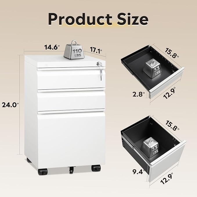 DEVAISE 3 Drawer Mobile File Cabinet, Fully Assembled Except Casters | Under Desk Metal Filing Cabinet with Lock for Home Office, Fits Letter/Legal/A4 Sizes, White
