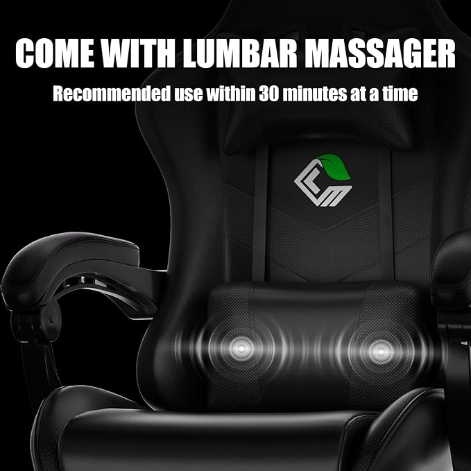 Gaming Chair, Ergonomic Office Computer Chair with Footrest and Lumbar Support Massager Racing Style High Back Video Gamer Chair, Wide＆Thick Cushion, 90°-135° Recline, Adjustable Height, Black