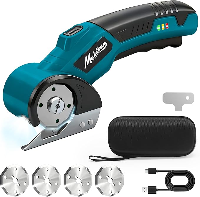 Electric Box Cutter with 4 Safety Blades,Storage Bag,Cardboard Cutter with Safety Lock,Led Light,4V 2000mAh Cordless Electric Scissors for Carton Carpet Fabric Leather（Dark Blue）