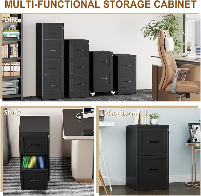 2 Drawer Metal File Cabinet with Lock,Narrow Vertical Filing Storage Cabinets,Steel File Organization for Legal/Letter/A4/F4 Size with Hanging Files,Lockable File Folders for Home Office, Black