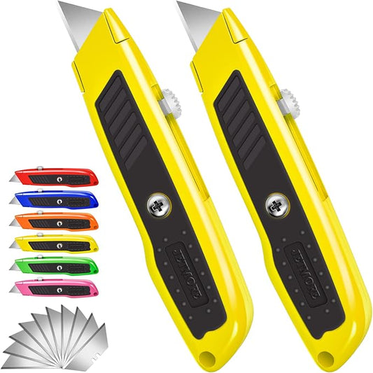 2 Pack Box Cutter, Heavy Duty Retractable Utility Knife with 10 Extra SK5 Blades, Assorted Color Razor Knife for Cardboard, Boxes, and Rope