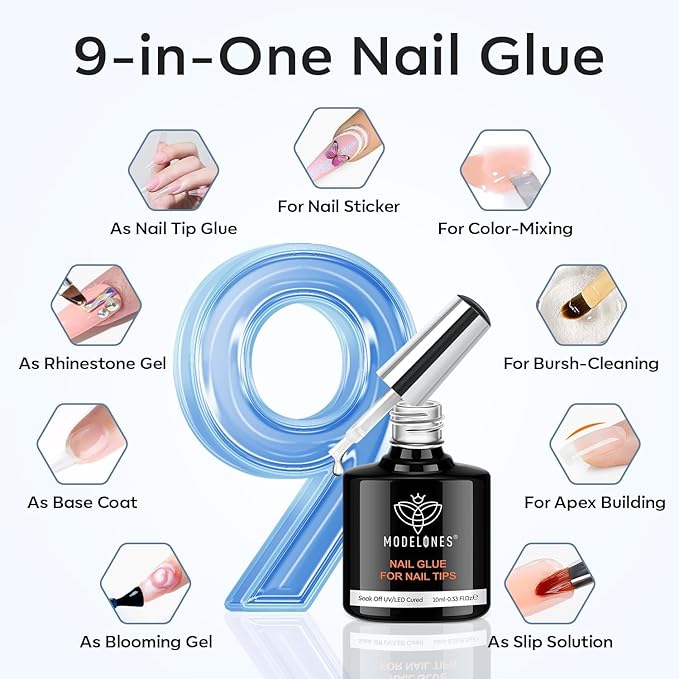 modelones X Nail Gel Kit Kit Medium Almond, 9-in-One Nail Glue with Portable U V Lamp 216Pcs 12Sizes Pre-Etched Press ons Fake Acrylic Extension Kit DIY Salon Gift for Women