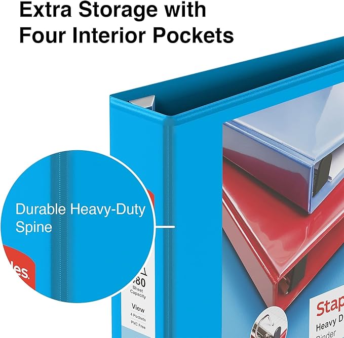 Staples Heavy-Duty 2-Inch D-Ring View Binder, Reinforced Spine, Holds Up to 450 Sheets, Light Blue, for Office & School