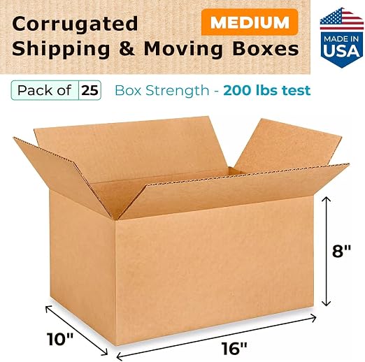 Medium Moving & Shipping Boxes 16"L x 10"W x 8"H (25-Pack) - Extra Strength 200 lb vs Regular - Corrugated Medium Moving Boxes - Cardboard Box, Made in USA - Box for Shipping by IDL Packaging | Extra Strength 200 lb vs Regular - Corrugated Medium Movin...