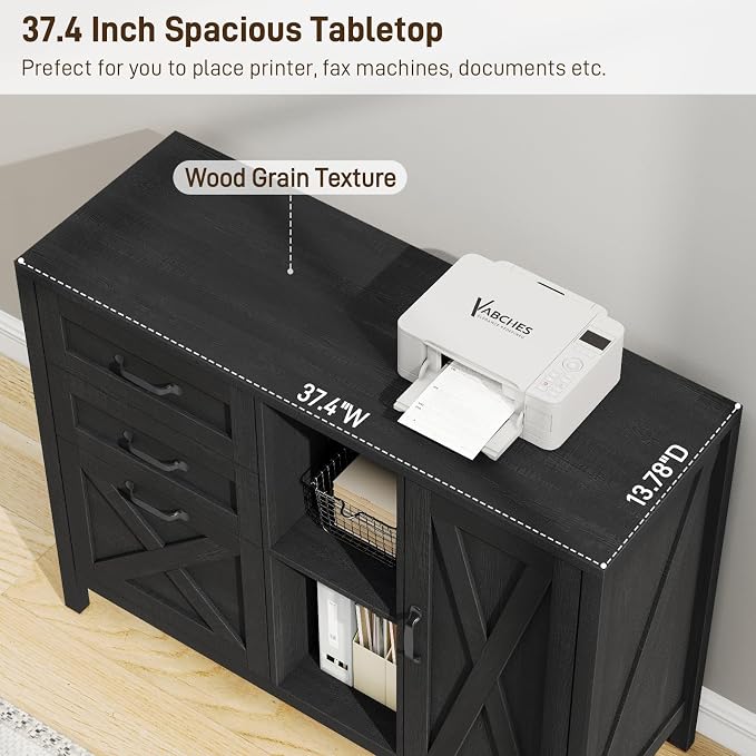 Befrases Farmhouse Lateral Filing Cabinet, Lateral File Cabinet with 3 Drawers and Cabinet, Large Printer Stand with File Drawer for Letter/A4 Size Hanging Files for Home Office, Rustic Black