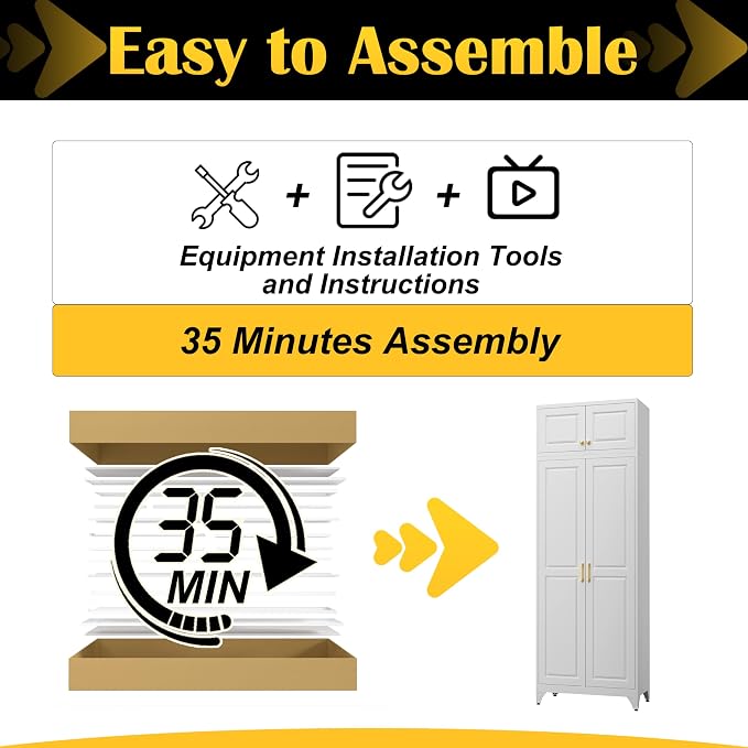 SteeLoong 90”Metal Pantry Storage Cabinet with Doors & 4 Adjustable Shelves | Kitchen Pantry Cabinet,White Kitchen Cabinet with 4 Gold Handles,Tall Cabinet for Livingroom,Pantry, Bathroom,Kitchen,Garage