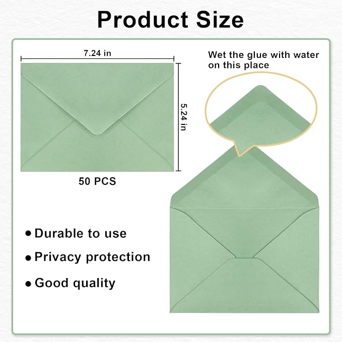 50 Pack A7 Envelopes, Sage Green Greeting Card Envelopes Self Seal, 5.24 x 7.24 in Envelopes for Birthday Graduation Baby Shower Wedding Invitation Cards