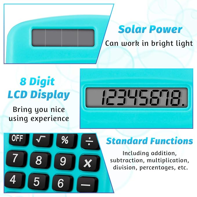 Weewooday 6 Pieces Small Basic Calculator Bulk 8 Digit Solar Battery Dual Power Mini Handheld Pocket Calculator for Classroom Kids Students Desktop School Office Home, 6 Colors