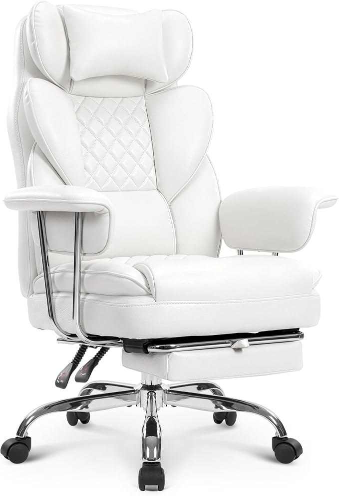 NEO CHAIR Big & Tall Leather Office Chair, High Back, Lumbar Support, White | Gaming Chair for Adults and Computer Use, Reclining Office Chair with Foot Rest, Massage, Comfy Design and Heavy Duty Support