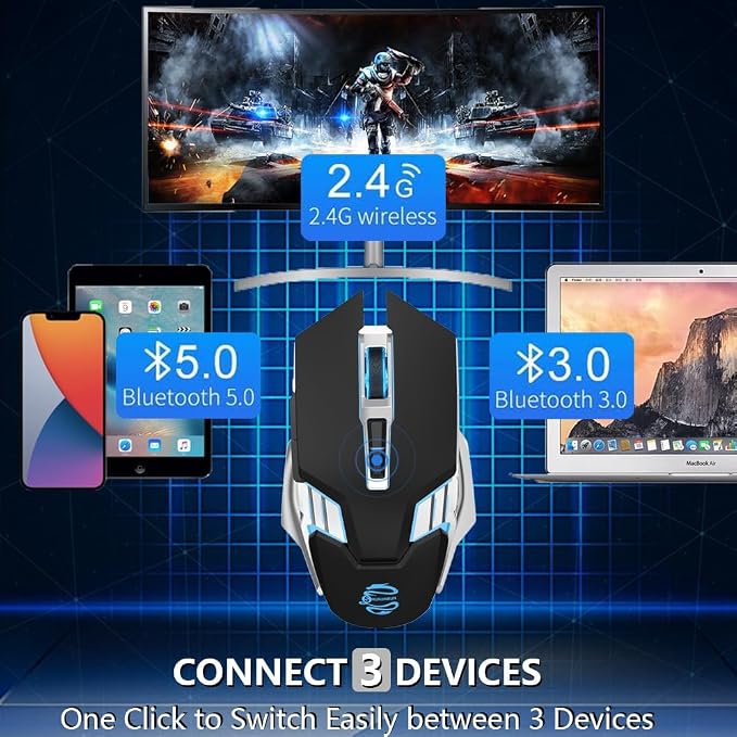 3-Mode RGB Silent Rechargeable Wireless Gaming Mouse Black | BT5.0/BT3.0+2.4G connection, RGB backlight & quiet click, for gaming office, compatible with Laptop, PC, Mac, iPad & Tablet