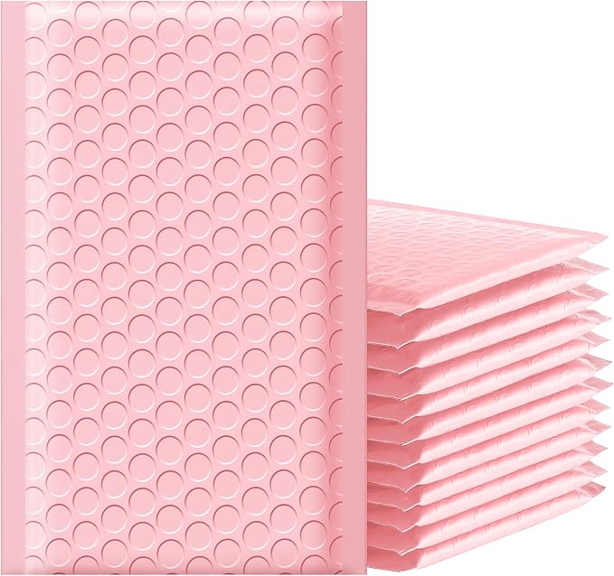 Famagic Bubble Mailers 4x8 Inch 50pc Light Pink Shipping Bags, Chic Packaging Bags For Small Business, Colored Padded Mailing Envelopes, Opaque Matte Self Seal Bubble Poly Mailers Bulk #000