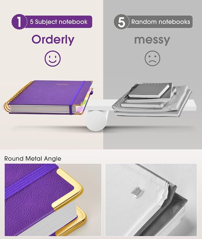 Hardcover Spiral Notebook journal with Removable Dividers Tabs, 300 Pages Leather 5 Subject Notebook College Ruled, 100GMS Notebooks for Work School Note taking,Lined Journal for Women,A5 Dark purple