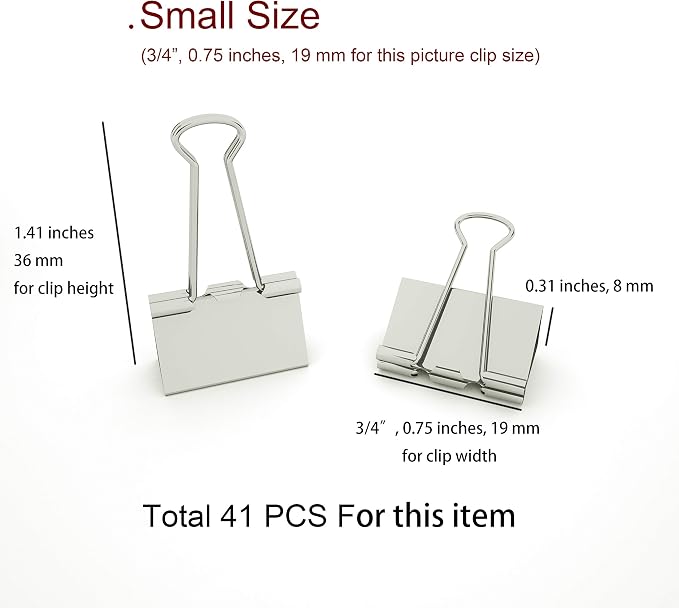 Nctinystore Silver Binder Clips Small Metal Clamp 3/4-in / 0.75-inch / 19-mm (Silver, 41-Count)
